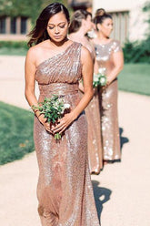 Lorraine | Long Sequins Rose Gold Bridesmaid Dress One Shoulder - Rose Gold - PromDressClub